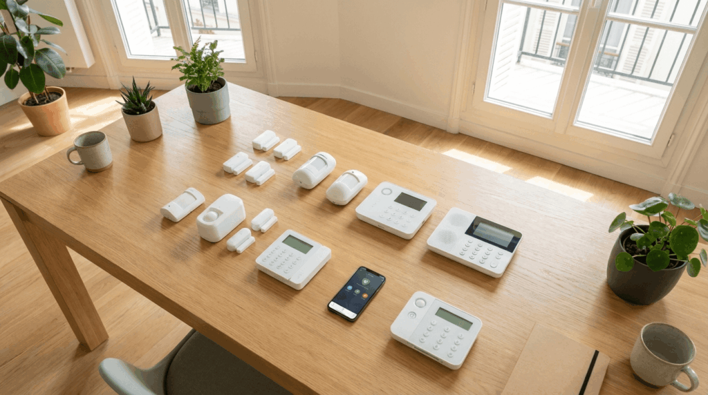 Système d'alarme sans abonnement avec centrale, détecteurs de mouvement, capteurs d'ouverture et contrôle via smartphone, installé pour sécuriser une maison.